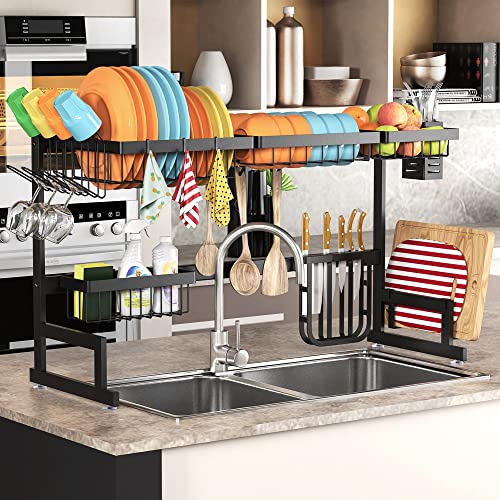 PUSDON Over Sink Dish Drying Rack (26"38"), Adjustable Large Dish Drainer for Storage Kitchen