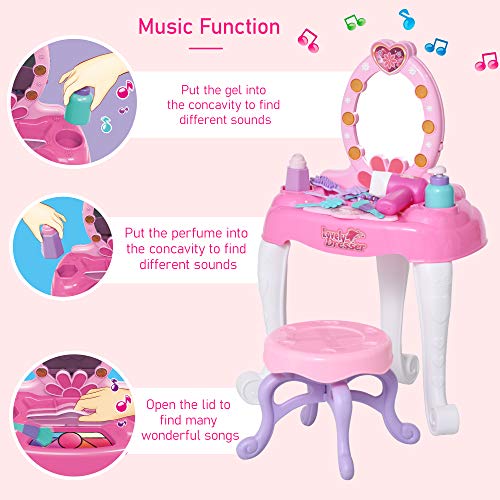 Qaba Kids Vanity Table and Chair Beauty Pretend Play Set with Mirror