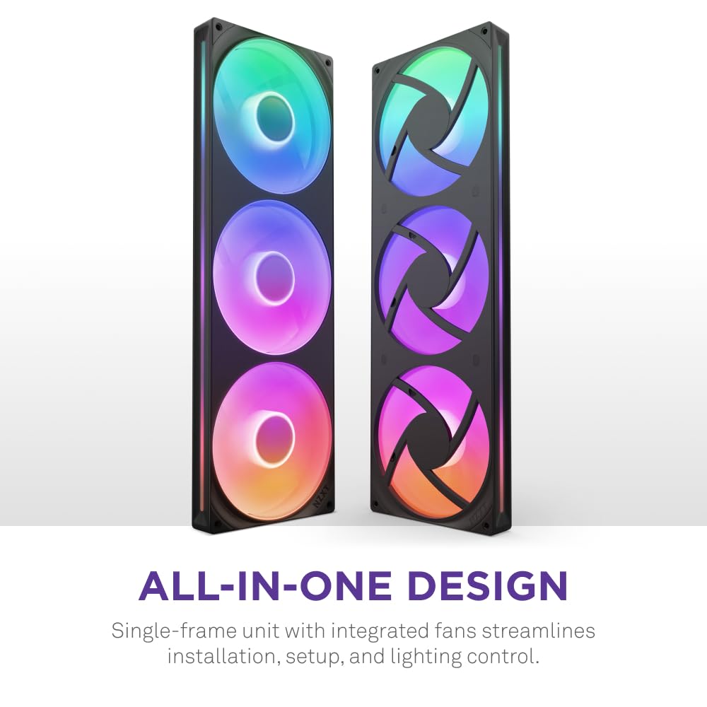 NZXT F420 RGB Core - 420mm Single-Frame Fan Unit with 3 x 140mm RGB Fans - Speed & Lighting Control - High Static Pressure & Airflow - Fluid Dynamic Bearings - 8 aRGB LEDs Per Fan - Black