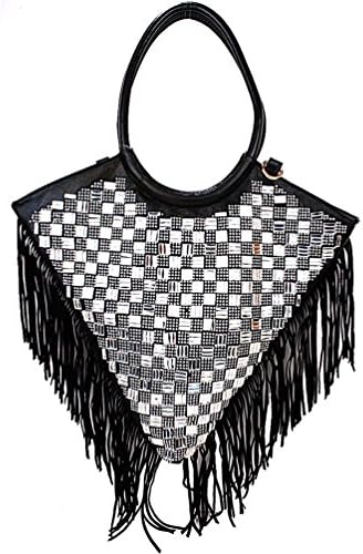 Rhinestone Triangle Shape Fringe Embellished Double Handle Zipper Hangbag In Multi Colors (Black)
