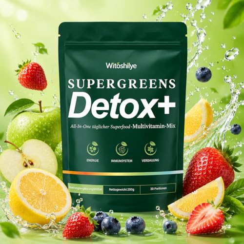 Green Detoxification Powder, Superfood Powder Helper, 200 g Green Powder Helper with Matcha, Blueberries, Barley Grass, Fibre Rich & Vegan, Natural Plant Powder for Nutrition & Everyday Life & Fibre