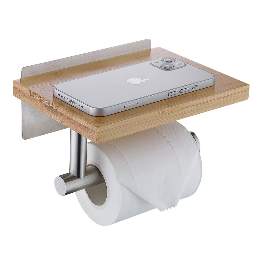 HomeHeng Toilet Roll Holder with Natural Bamboo Shelf, Modern Roll Tissue Holder Wall Mounted No Drilling, Brushed Nickel Toilet Paper Roll Holder for Bathroom, H98903BN