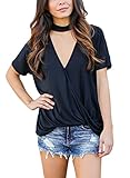 FIYOTE Womens Short Sleeve Choker V Neck Top Loose Fit Casual Shirts S-XXL