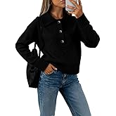 EsheSy Women's Polo Knit Sweater Pullover V Neck Lapel Collar Button Long Sleeve Casual Loose Ribbed Knit Henley Top