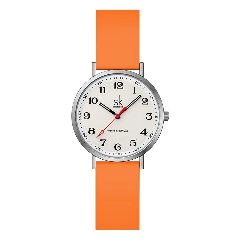 SHENGKE Casual Fashion Women Sport Watch Sweat Resistant Students Watch with Easy Read Dial and Silicone Band,Water Resistant (Silver Orange)