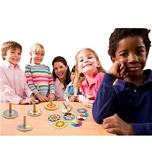 O-Toys Kids Spinning Tops Toys Mini Wooden Gyro Peg Fun Colored Printing Spinning Top Toy for Boys Girls Birthday Learning Education Toy (8 Patterns)