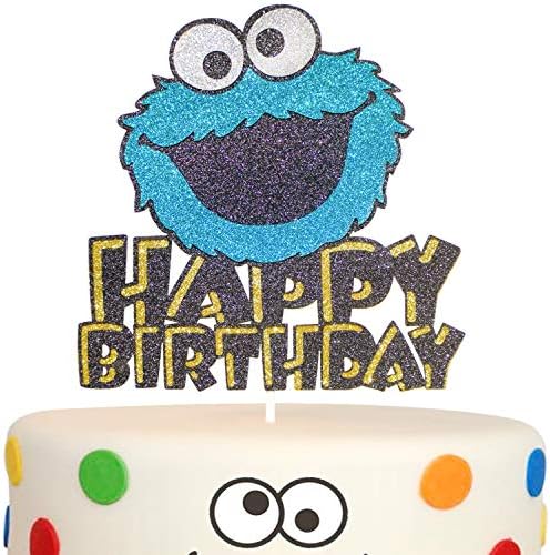 Happy Birthday Cookie Monster Cake Topper Blue Glitter Cartoon Party Decor Perfect for Baby Shower Child Birthday Party Supplies Decorations