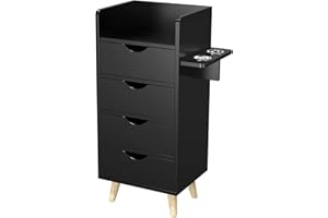 OmySalon 4 -Layer Salon Storage Cabinet,Beauty Barber Salon Styling Station Organizer Equipment,Hair Stylist Station Set with 2 Hair Dryer Holders，4 Drawers and Raised Table Legs, Black