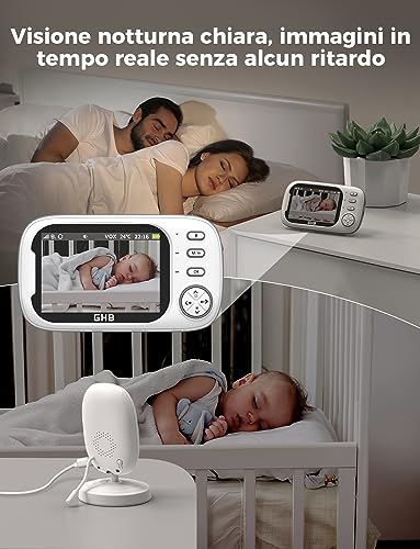 GHB Baby Monitor Video and Audio 3.5 Inch 720HD Camera, 2000 mAh Battery, Two-Way Communication, VOX Night Vision Temperature Monitor, Lullabies