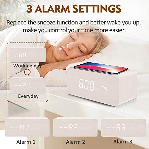 fomobest Wooden Alarm Clock with Wireless Charging for iPhone Samsung