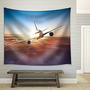 Commercial Airplane Flying Above Clouds in Dramatic Sunset Light - Fabric Wall Tapestry Home Decor - 51x60 inches