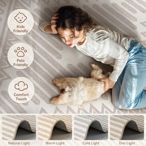 Area Rug for Living Room Rug 5x7 High Low Textured Jacquard Tufted Boho Geometric Washable Bedroom Rug Carpet for Dining Room Nursery Non Slip Beige
