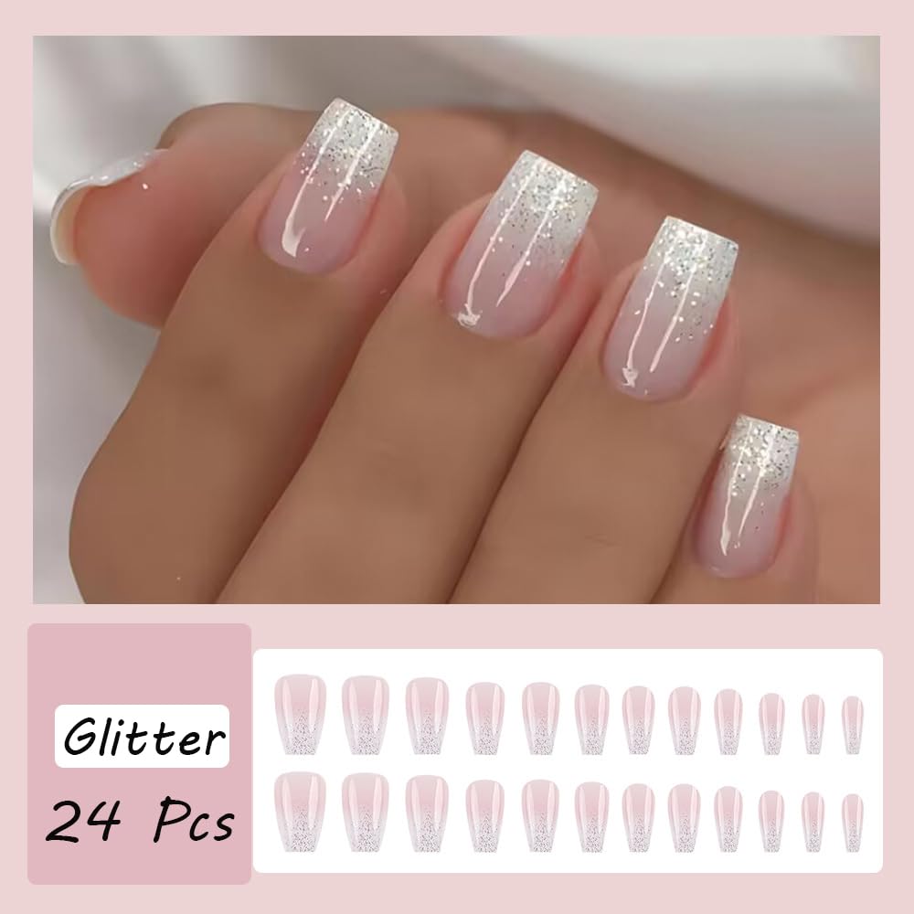 24pcs French Tip Press on Nails Short Square Pink Fake Nails with Glitter Design Glue on Nails Gradient False Nails Supplies Full Cover Glossy Acrylic Nails for Women Girl - Image 2