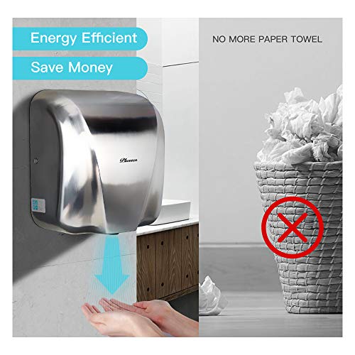PLUSSEN High Speed Automatic Electric Commercial Hand Dryers for Bathrooms Commercial 1800W Heavy Duty Stainless Steel Hot Air Compact Hand Dryer Blower, Fast Drying in 10 Seconds