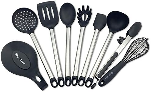 Arco Cuisine 9 Piece Stainless Steel and Silicone Kitchen Utensil Set - Slotted Turner/Flipper, Spoon, Spatula, Ladle, Pasta Server, Strainer, Food Tongs with Stand, Cage Whisk and Spoon Rest