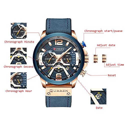 Men’s Sport Chronograph Wristwatch Military Casual Waterproof Blue Leather Watch for Men with Date Display …