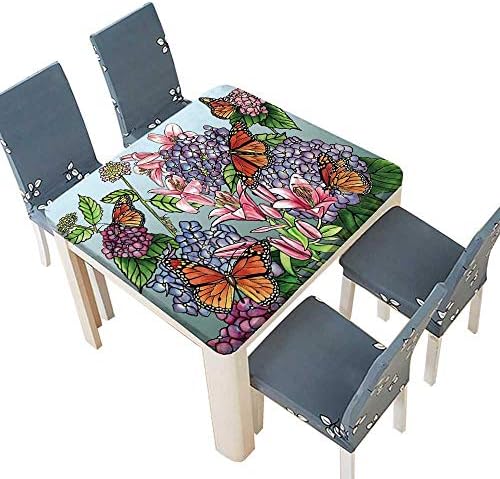 PINAFORE Printed Fabric Tablecloth Monarch Butterflies Hydrangeas Day Lilies Indoor Outdoor Use 33.5 x 33.5 INCH (Elastic Edge)