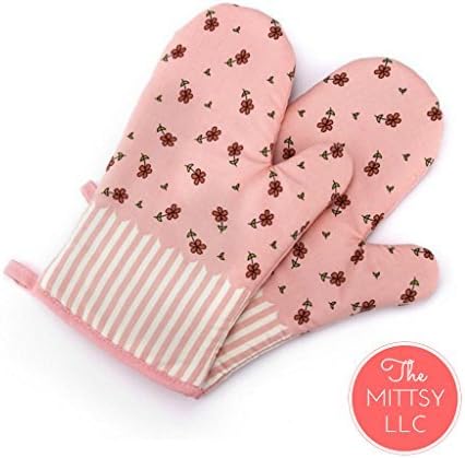 Set of Two Oven Mitts | Heat Resistant Cotton Kitchen Pot Holder [Decorative Kitchen Oven Mitt] Oven Glove | Kitchen Mitts (Flowered Pink)