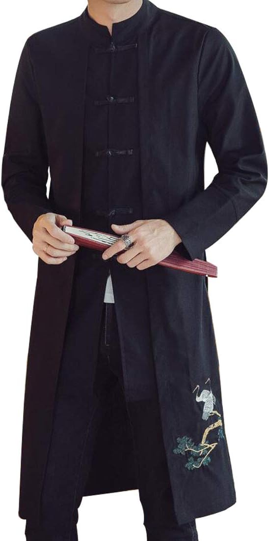 HZCX FASHION Men's Vintage Cotton Linen Stand Collar Frog-Button Trench Coats