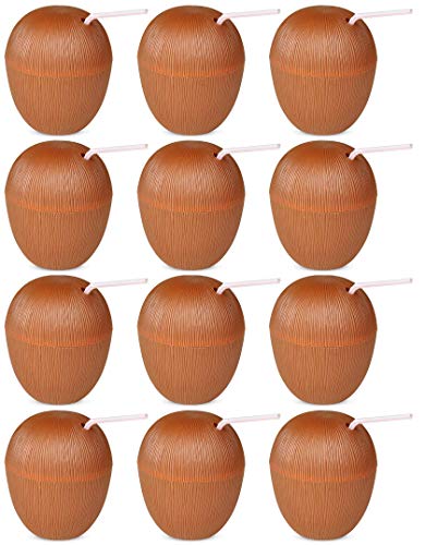 4E's Novelty Bulk Coconut Drink Cups with Straws, Hawaiian Beach and Luau Theme Party Supplies & Decorations - Pack of 12 - Great Summer Carnival Fun for Kids Plastic