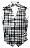 Men's Plaid Design Dress Vest & BOWTie Black Gray White BOW Tie Set Large
