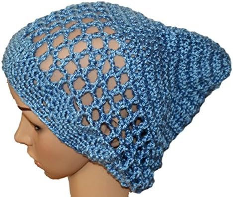 Woman Summer Slouch Hat, Lightweight Oversize Hipster Beanie, Blue Womens Rasta, Boho Style Hat, Tam, Crochet Mesh Hat