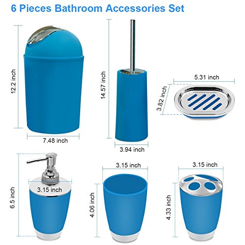 TEKITSFUN Blue Bathroom Accessories Set,6 Pcs Plastic Gift Bath Accessory Set Luxury Ensemble Includes Toothbrush Holder,Toothbrush Cup,Soap Dispenser,Soap Dish,Toilet Brush Holder,Trash Can