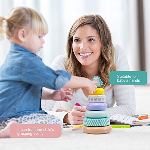 LEO & FRIENDS Wooden Stacking Rings Toy with Penguin Topper,Montessori