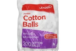 Leader Jumbo Cotton Balls 200 Count - 100% Pure Natural Cotton for Face, Makeup & Nail Polish Remover - Hypoallergenic & Absorbent for Skincare, Baby Care & First Aid - Soft, Cosmetic Grade Quality