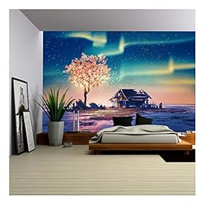 Illustration - Abandoned House and Fantasy Tree Lights Under Northern Lights,Illustration Painting - Removable Wall Mural | Self-Adhesive Large Wallpaper - 66x96 inches