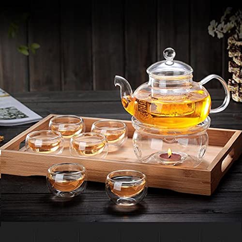 HOOPZOZA Glass Tea Maker Teapot With Filtering Glass Warmer 6 Tea Cups Set 50mL (A-set)