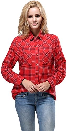 QIHUANG Women's Dress Shirt Button Down Collared Long Sleeve Blouses (L, Red)