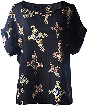 YOUNG LIGHT@ Womens Cute Geometric Print Loose Chiffon Blouses Top Shirt Cool T-shirt (XX-Large,Cross Black)