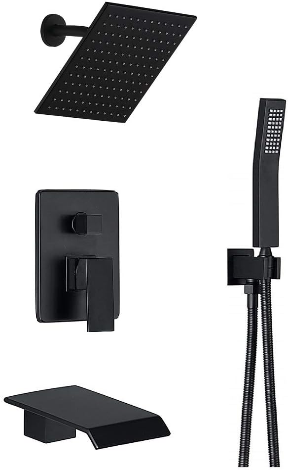 Shower System Matte Black Wall Mount Bathroom Shower Fixtures with 8 inch Rain Shower Head and Waterfall Tub Spout Bathtub Faucet - - 