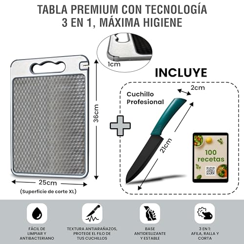 Tabla de Cortar Acero Inoxidable 304 Antibacteriana 35x25 cm | 3 en 1 con Afilador, Rallador y Canal Antiderrame | Doble Cara | Cuchillo Profesional + eBook 100 Recetas Mediterráneas
