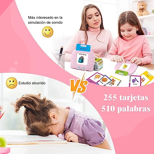 Juguetes de Aprendizaje con Tarjetas Flash Parlantes, Lectura Bilingüe en Español e Inglés, Máquina de Lectura de Juguetes Educativos con 510 Palabras, Juguetes Regalo de Cumpleaños para niños (Rosa)