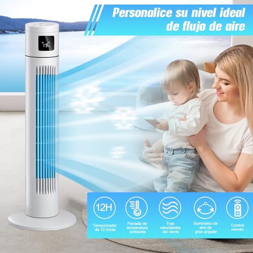 AXIDUN Ventilador de Torre 84 cm/33", Ventilador de Torre Silencioso de 3 Velocidades con Control Remoto, 12h Timer, Ventilador sin Aspas, Oscilación de 120° Ventilador de Pie Vertical.
