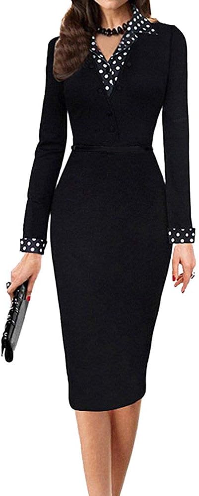 LunaJany Women's Polka Dot Long Sleeve Wear to Work Office Pencil Dress