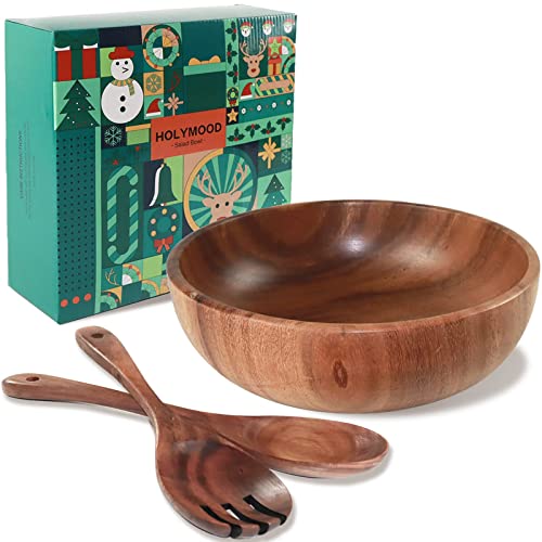 Holymood Wooden Salad Bowl Set with Servers, 9.2 Inch Solid Acacia