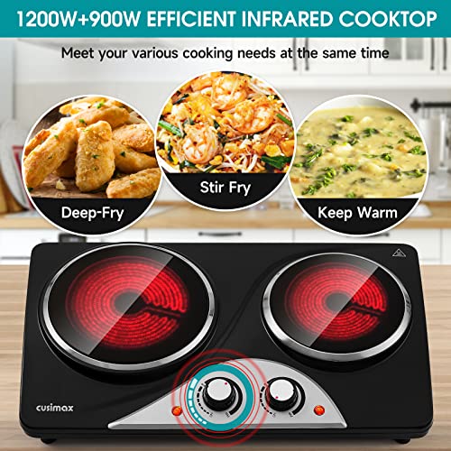 CUSIMAX Electric Stove Double Hot Plate1200W+900W Infrared Ceramic Plate for Cooking, Dual Temperature Control Cooktop Burner