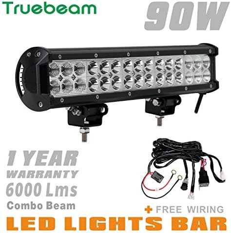 Truebeam 90W 14inch Led Light Bar Cree Led Work Lights for Trucks Spot Flood Led Off Road Light Bar for Pickup SUV 4×4 ATV 4WD Jeep 12/24V IP68 High Prower Wiring Harness Waterproof Led Bar