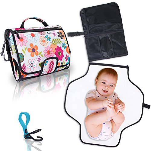 Portable Mini Diaper Changing Station Kit (Floral), Removable Pad & Stroller Hook. Change Your Baby Boy & Girl on the Go! Clutch Bag w/ Wide Mat & Pockets. Case Holds Diapers, Clean Wipes, Cream, Toy