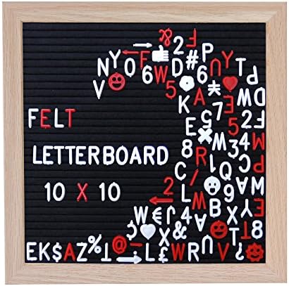 Black Felt Changeable Letter Board With Attached Stand, 10x10 Inch Oak Frame, Includes 340 White and 170 Red Letters, Numbers, and Symbols