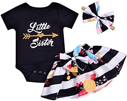 Mekilyn 3Pcs Baby Girls Little Sister Arrows Romper Top+Bowknot Striped Skirt+Headband Floral Dress Sunsuit (Little Sister-Black, 6-12Months)