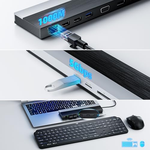 Station d'accueil USB-C 3 moniteurs avec HDMI, DP, VGA, 100 W PD, USB3.0&2.0, RJ45, emplacements SD/TF, Audio/Microphone, pour Lenovo/HP/Dell, etc. - Gris
