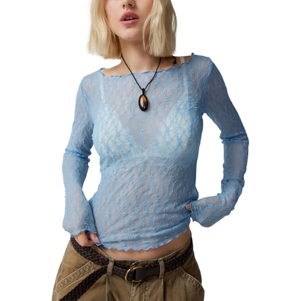 Sexy Square Neck Mesh Lace See Through Shirt Low Cut
