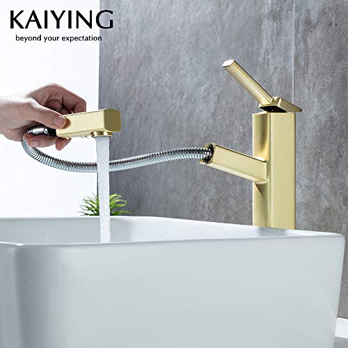 KAIYING Bathroom Pull Down Vessel Sink Faucet, Lavatory Single Hole Basin Sink Faucet with Pull Out Sprayer, Single Handle Utility Kitchen Mixer Tap with Rotating Spout, Brass (Tall, Brushed Gold) - Thumbnail 4