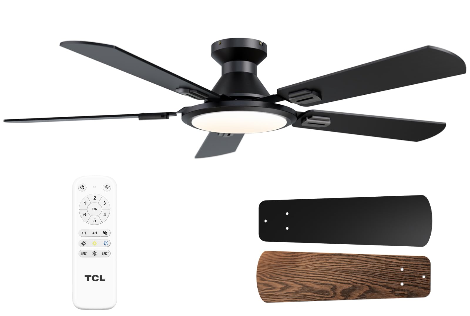 Photo 1 of TCL Ceiling Fans with Lights, 52 Inch Low Profile Ceiling Fan with Light and Remote Control, Flush Mount, DC Reversible Motor, Noiseless, 6 Speeds Ceiling Fan for Bedroom (Black)