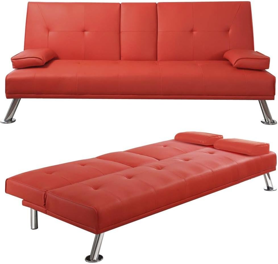 Yaheetech Faux Leather Sofa Bed 3 Seater Click Clack Sofabed with Cup Holders Red Amazon.co.uk