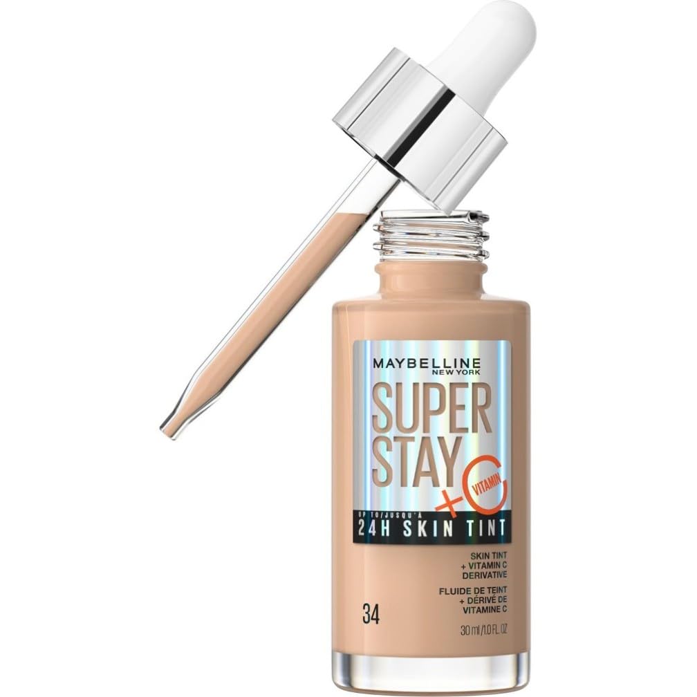 Maybelline Super Stay Skin Tint Foundation, With Vitamin C*, Brighten and Glow Serum Foundation with Long-Lasting, Buildable Coverage, Up to 24H Wear, Vegan Formula, Shade 34